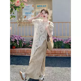 Red Berryชุดเซ็ตสไตล์ฝรั่งเศสสำหรับฤดูร้อน ประกอบด้วยเสื้อยืดลูกไม้แขนสั้น และเดรสสายเดี่ยวยาว#99518