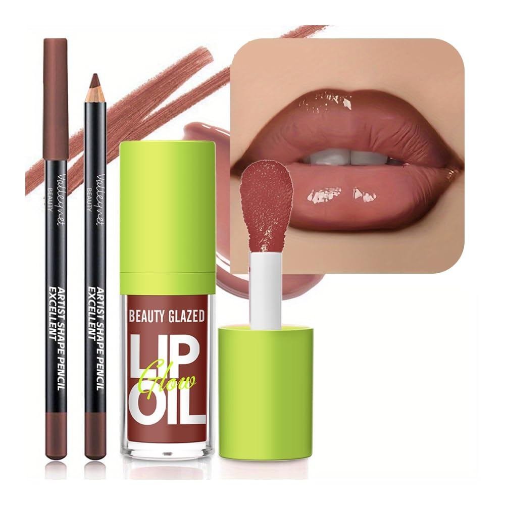 2 ชิ้น Lip Gloss & Lip Liner Set – Cocoa Brown, 90s Ombre Lip, Retro Gradient Lip, Plumping Effect, 