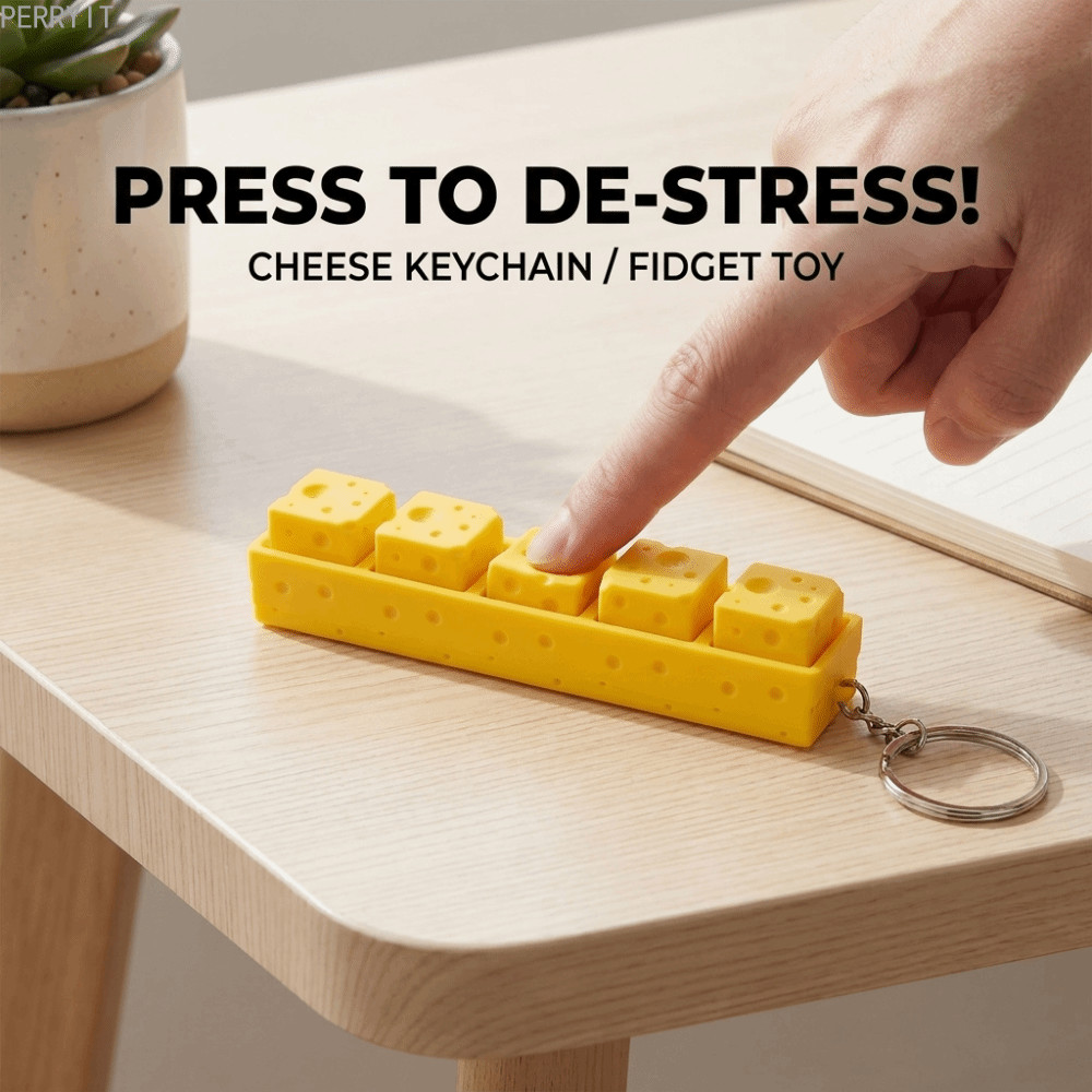 PERRY Cheese Clicker Fidgetพวงกุญแจ,น่ารักชีสรูปร่างสัมผัสคีย์บอร์ดกดมินิปุ่มบีบอัด,กระเป๋าขนาดกะทัดรัดคลิกเสียงทนทานพวงกุญแจของเล่นนิ้ว