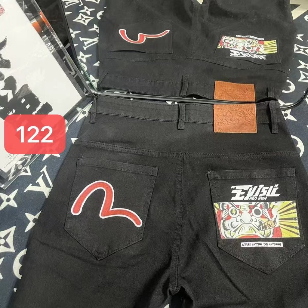 ((อย่ารับตัก) กวางโจวเทพเจ้าแห่งโชคลาภ EVISU สไตล์ใหม่สไตล์อเมริกันสลิมฟิตสตรีทสวมพิมพ์กางเกงยีนส์สก