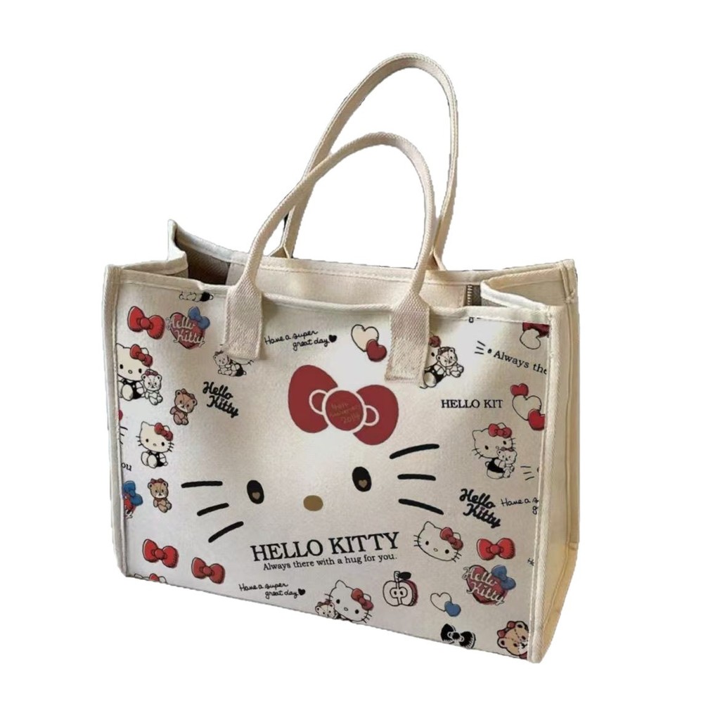 กระเป๋าสะพาย Kitty All-Match กระเป๋าผ้าใบนักเรียนความจุขนาดใหญ่ Commuter Tote Outing Fe