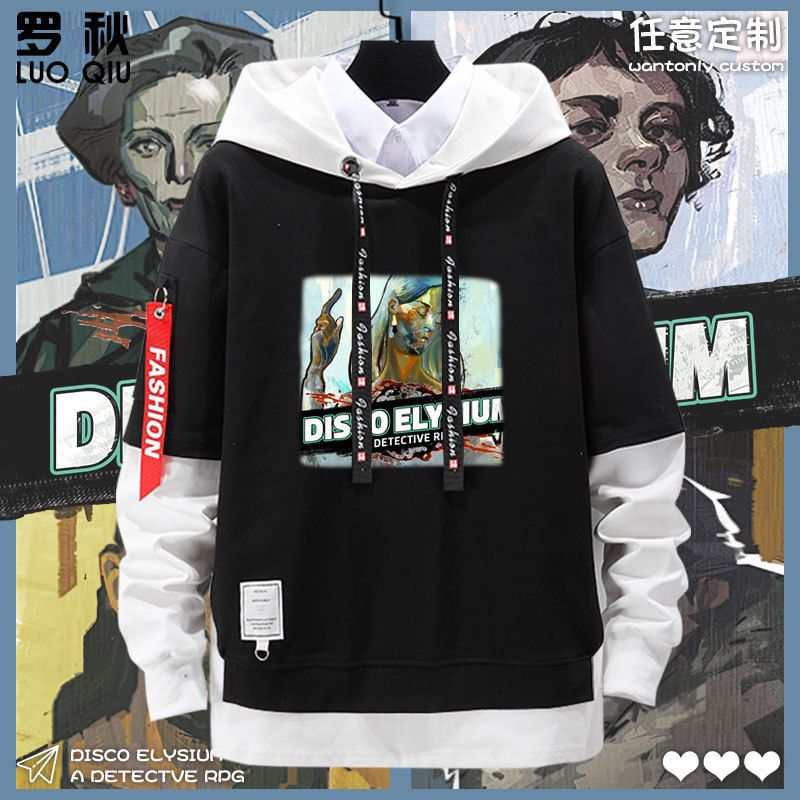 สินค้าเกม RPG Disco Elysium เสื้อฮู้ดแบบสองชิ้นปลอมสำหรับผู้ชายและผู้หญิง เสื้อแจ็คเก็ตนักเรียนมีฮู้