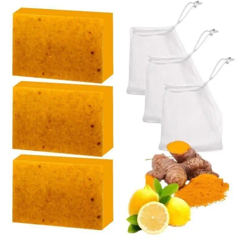 3PCS มะนาวขมิ้น KojicAcid SoapLemon Kojic Acid Soap BarTurmeric Soap BarKojic Acid SoapDark Spot Rem