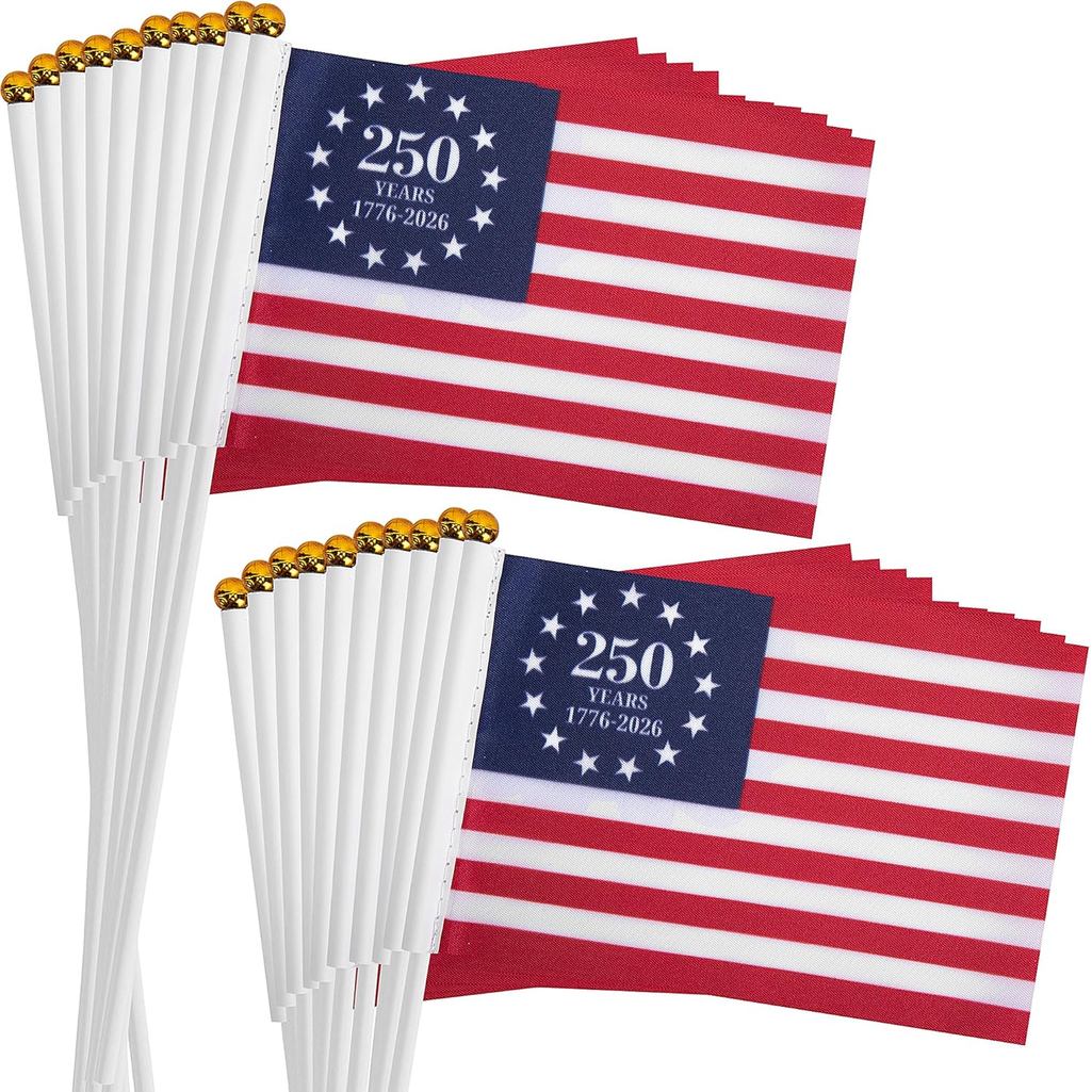 20 ชิ้น USA 250 Anniversary Stick Flags, 6 x 4 นิ้ว 1776-2026 250th Small Patriotic Handheld Flags, 