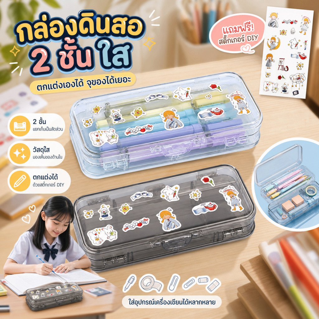กล่องดินสอใส 2ชั้น กันน้ำ จุของได้เยอะ กล่องดินสอนักเรียน ใส่ปากกา เครื่องเขียน