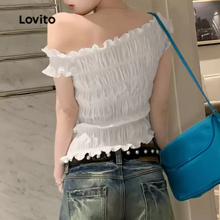 Lovito วันหยุด เสื้อ คอ ฮัลเตอร์ เซ็กซี่ ทรงเรียบๆ จีบย่น สีแอปริคอท สำหรับฤดูใบไม้ผลิ/ฤดูร้อน สำหรับผู้หญิง เกาหลี อินเทรนด์ L136AD421