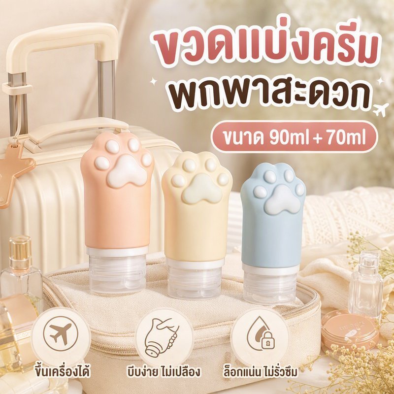 ชุดขวดซิลิโคนแบ่งครีมเดินทาง 3 ชิ้น กันรั่ว พกพา ขึ้นเครื่องได้ ใส่แชมพู โลชั่น ครีมนวด