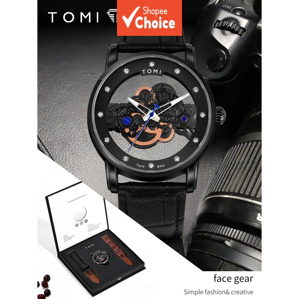 Tomi Mens Rose Gold Openwork Gear Rhinestone Leather Quartz Watch Retro Business Mechanical Style Gi