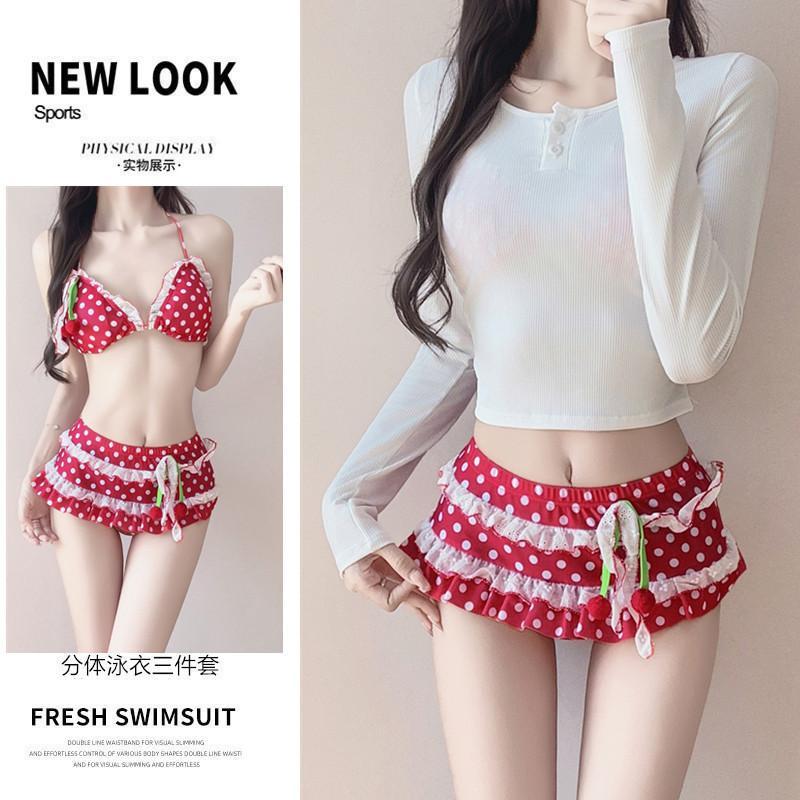 Dopamine Girl Cute Womens Bikini Long-Sleeve Three-piece Set / Hot-Girl Cherry Two-piece