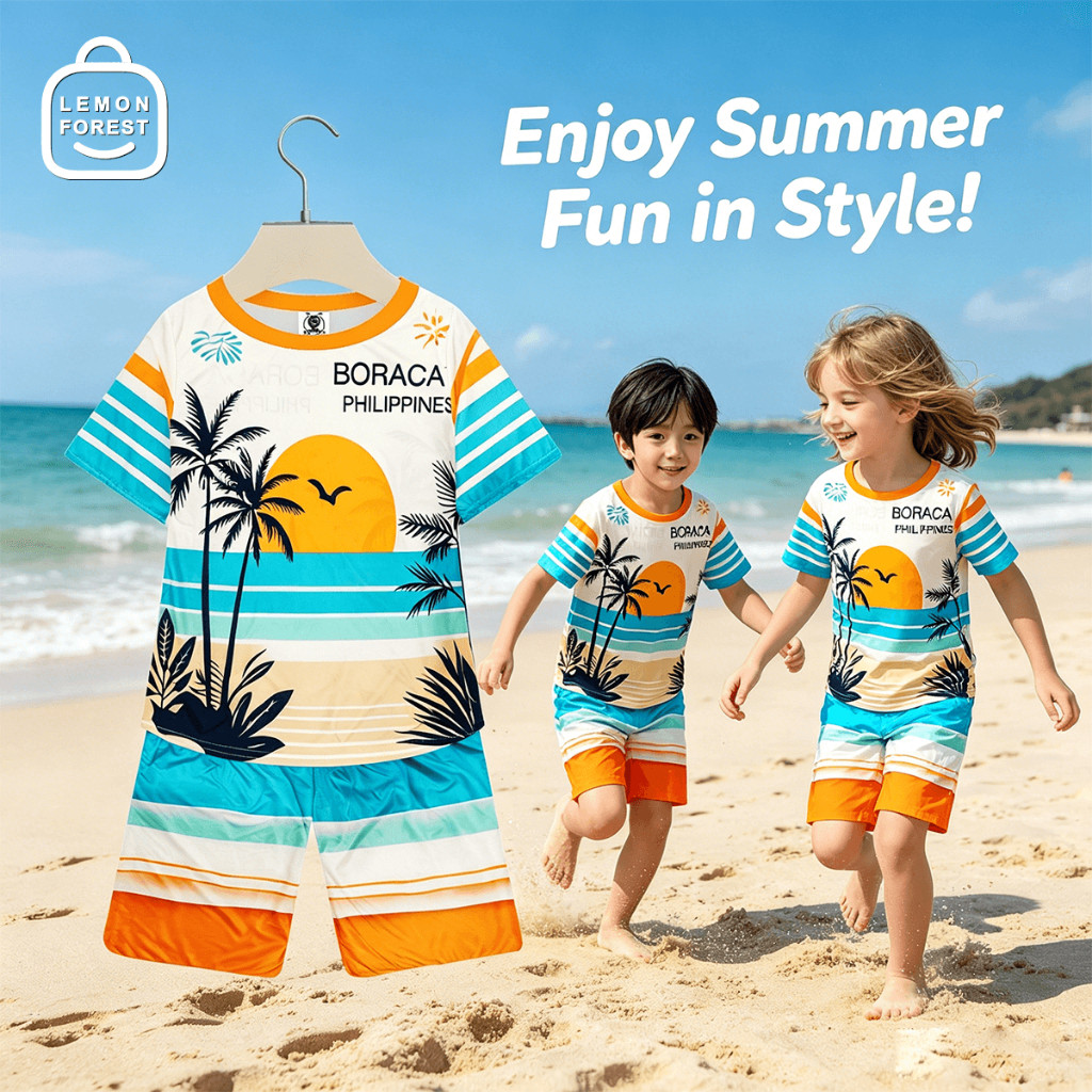 ชุดเครื่องแต่งกายเด็ก Boracay Beach เสื้อยืดแขนสั้นน้ําหนักเบาและกางเกงขาสั้น ชุดลําลองลําลองแบบนุ่ม