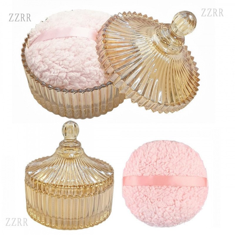 ExtraLargeBodyPuffandContainer-VintageGlassDustingPowderContainerwithSoftPuffforWomen&Girls(5.9x5.9I