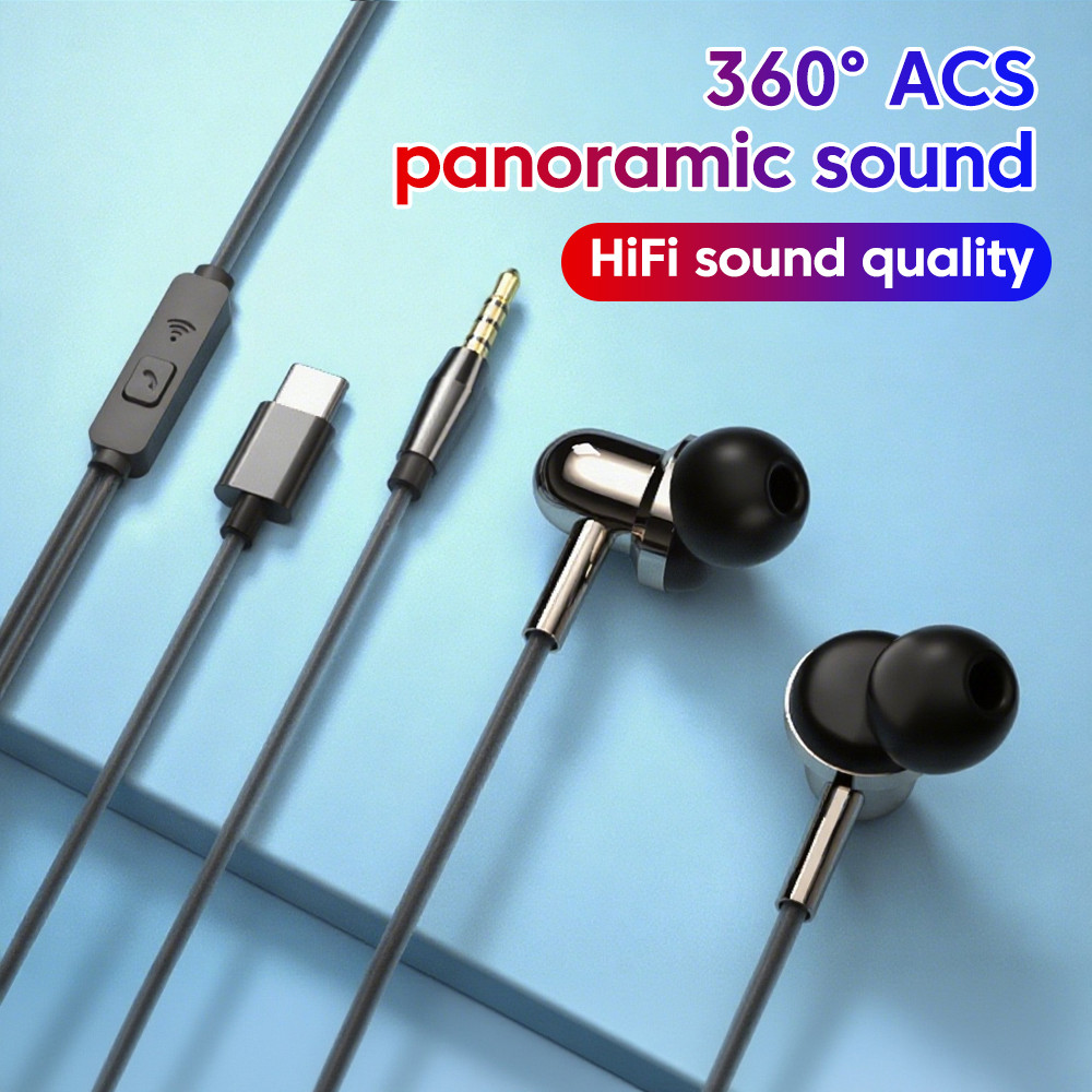 DAC Type-C 3.5 มม.หูฟังแบบมีสายแฮนด์ฟรีชุดหูฟังชนิดใส่ในหูพร้อมไมโครโฟนกีฬาหูฟังชนิดใส่ในหูสําหรับสม