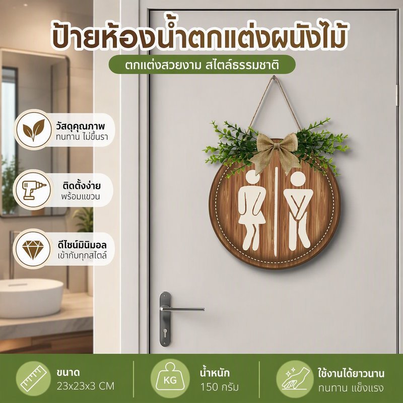 ป้ายห้องน้ำ ป้ายตกแต่งผนังไม้ TOILET WOMEN MAN 23x23CM ติดตั้งง่าย ทนทานและทนทาน เรียบง่าย ของตกแต่งห้องน้ำ