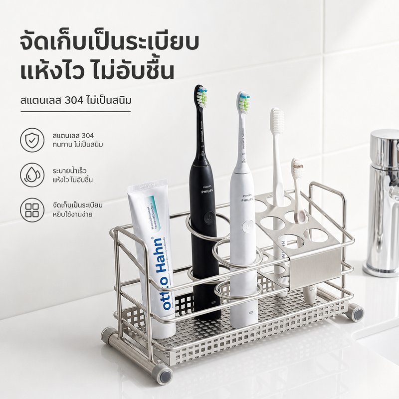 COD ที่วางแปรงสีฟันสแตนเลส กันสนิม ระบายน้ำ ชั้นวางแปรงสีฟันไฟฟ้า วางยาสีฟัน มีดโกนจัดระเบียบห้องน้ำ