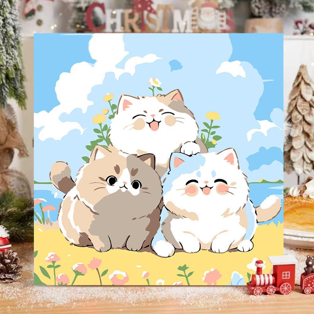 Kawaii Cat Paint By Numbers Diy Kit – ภาพวาดอะคริลิคการ์ตูนน่ารัก 20 ซม., Healing Art Craft W3q3