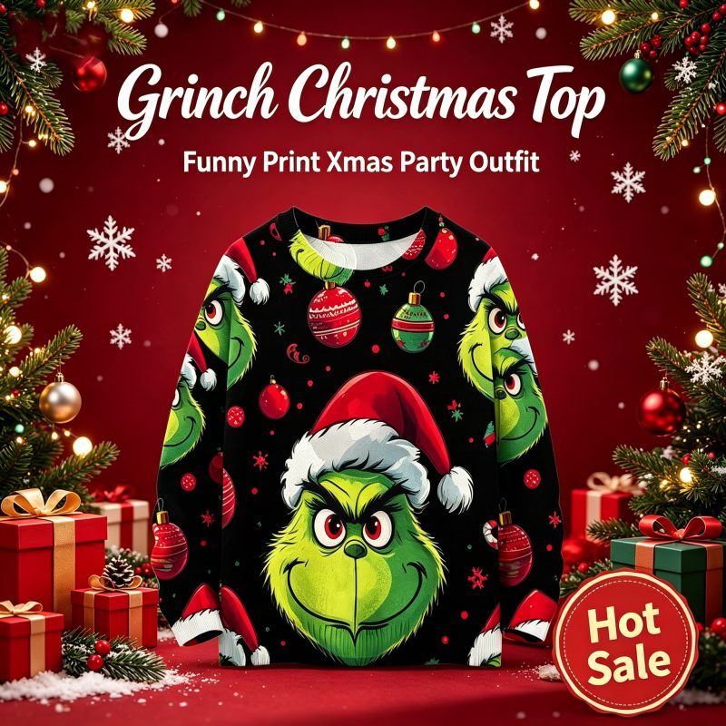 Grinch Christmas Shirt Funny Green Monster Print Long Sleeve Top Soft Comfortable Casual Blouse
