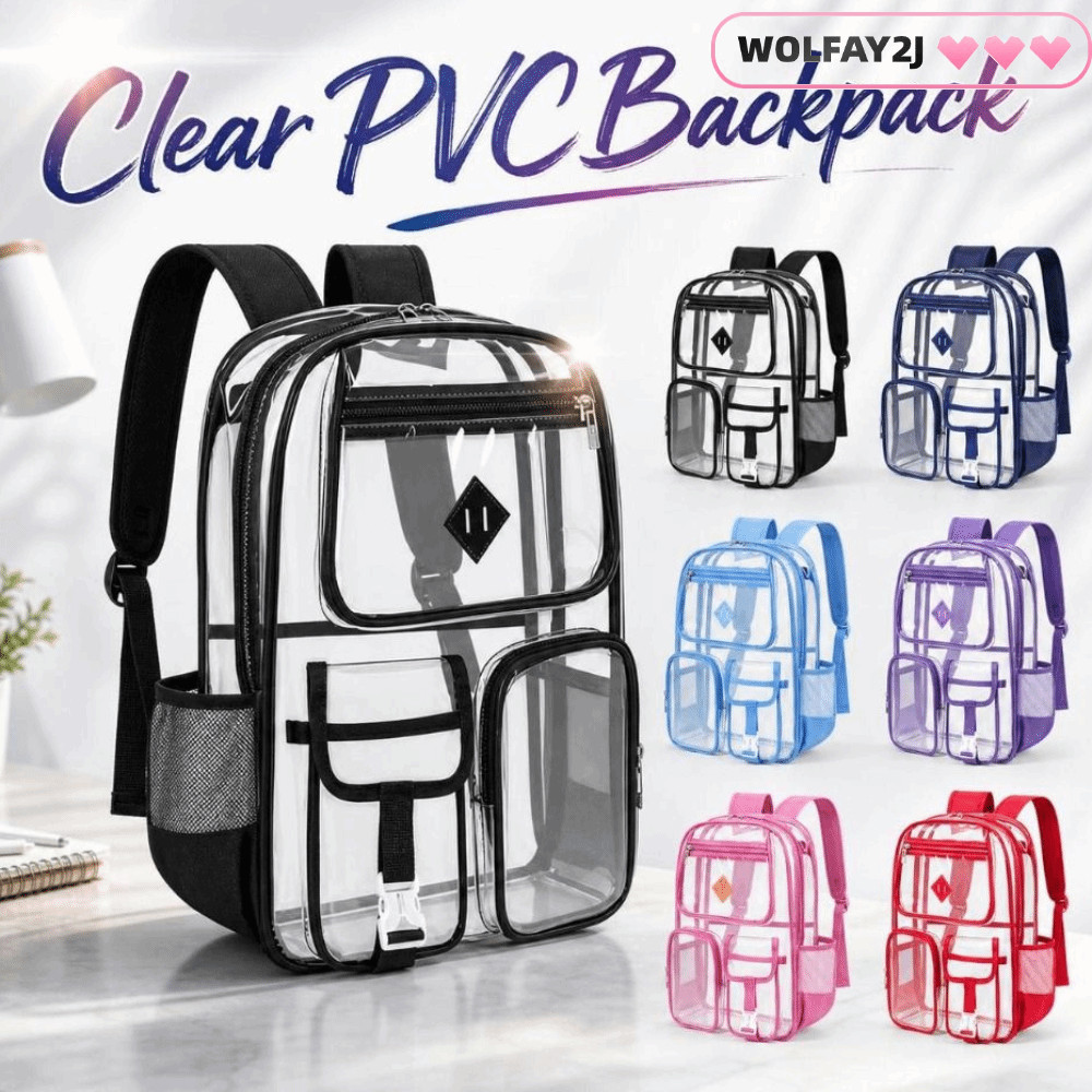 WOLFAY2J กระเป๋าเป้สะพายหลัง PVC,น้ําหนักเบากันน้ําโรงเรียนกระเป๋าเป้สะพายหลัง,ปฏิบัติทนทานโปร่งใสทน