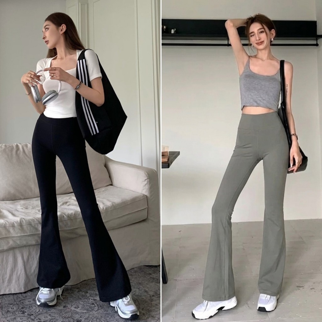 Bella Shop กางเกงขายาว กางเกงลำลองทรงสกินนี่ยืดเอวสูง สีพื้น สไตล์ขาบานเล็กน้อย แฟชั่นย้อนยุค