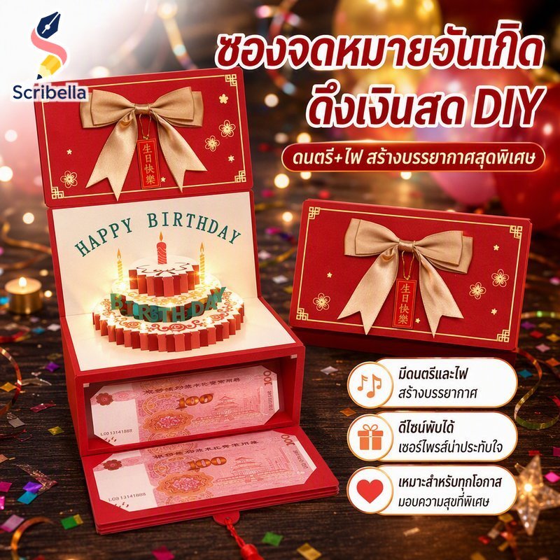 เงินสดดึงกล่องของขวัญ ทําเอง วันเกิดซองจดหมายสีแดง 3ง เพลงพับแสงแปลกใจโต้ตอบ