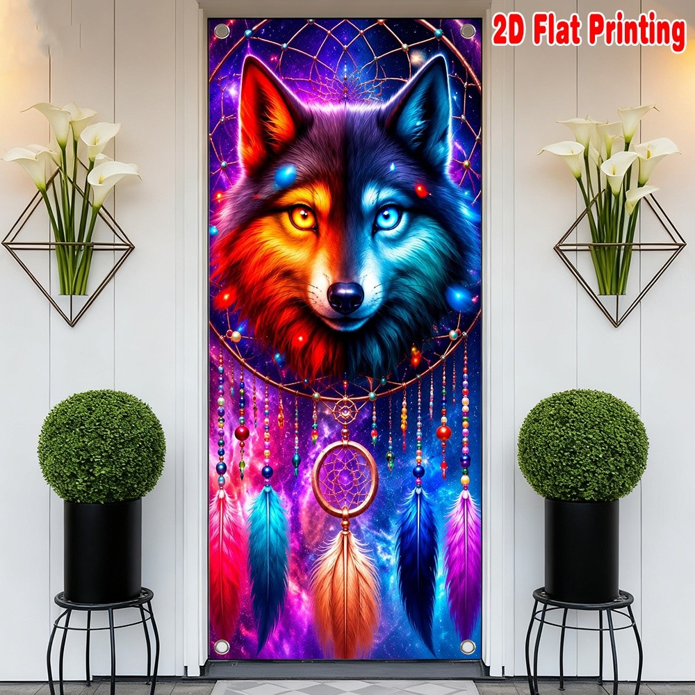 1 ชิ้น 2d พิมพ์แบน Elegant Wall Banner 70.9x 35.4in party แบนเนอร์ Dreamcatcher Cosmic Wolf อเนกประส