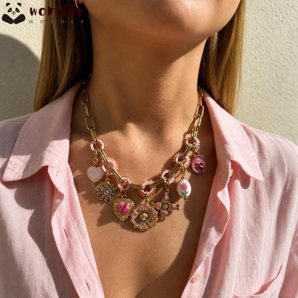 WONDER สร้อยคอจี้แฮนด์เมด, สร้อยคอโชคเกอร์ Rhinestone แบบปรับได้, Retro Pink Enamel Multi Charms สร้