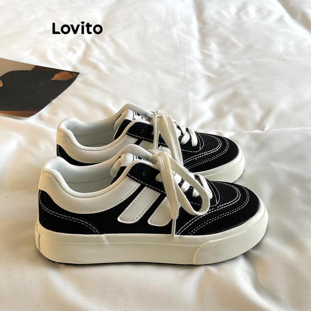 Lovito รองเท้าผ้าใบแฟชั่นสไตล์เกาหลีวินเทจลำลองสำหรับผู้หญิง เหมาะสำหรับใส่ในชีวิตประจำวันและกิจกรรมกลางแจ้ง LFA47114