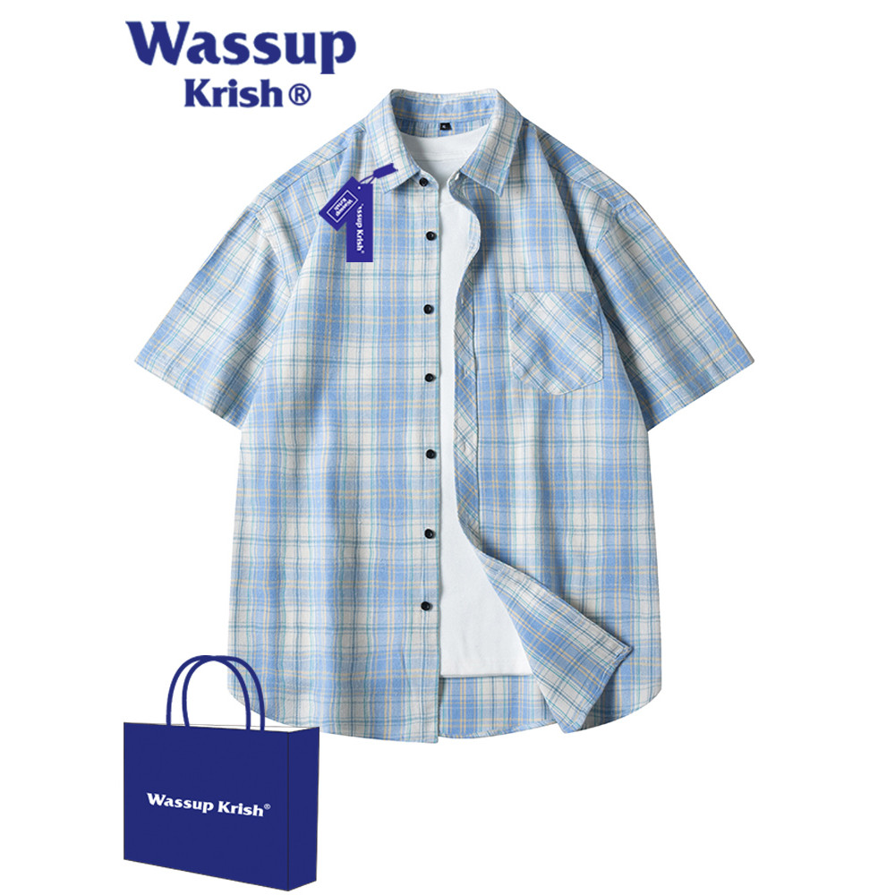 WASSUP KRISH เสื้อเชิ้ตแขนสั้นลายสก๊อตสีฟ้าผู้ชายฤดูร้อนเสื้อลําลองเสื้อแจ็คเก็ตหลวมบาง