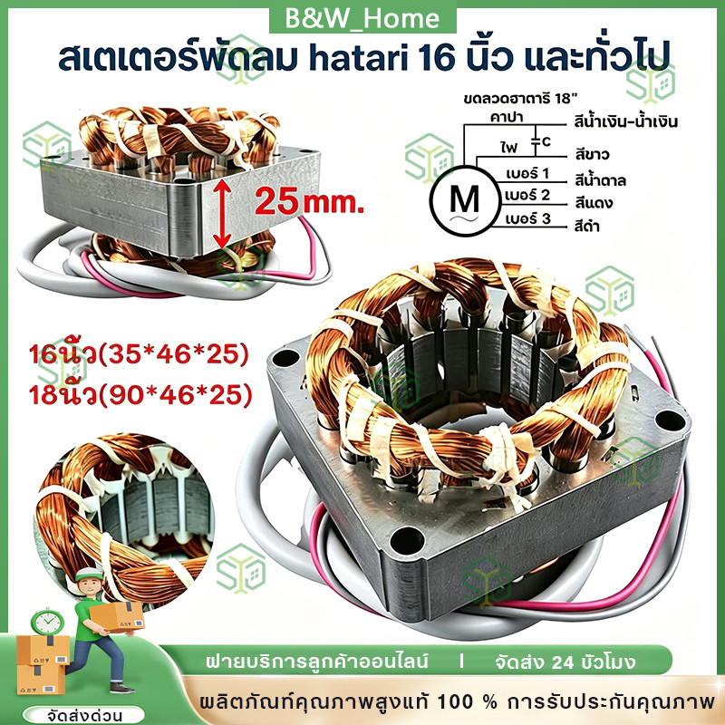 COD สเตเตอร์พัดลม ตั้งพื้น ฮาตาริ 16" นิ้ว รู 46mm หนา 25mm สายไฟยาว (เหลี่ยม) มีเทอร์โมฟิวส์ สายออกหน้า อะไหล่พัดลม