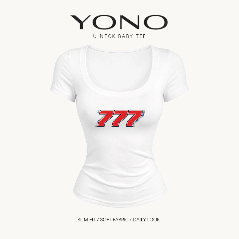 (พร้อมส่ง24ชม.) YONO เสื้อ Baby Tee คอยูผู้หญิงทรงเข้ารูป ลายเลข 777 สไตล์ Y2K เรโทร