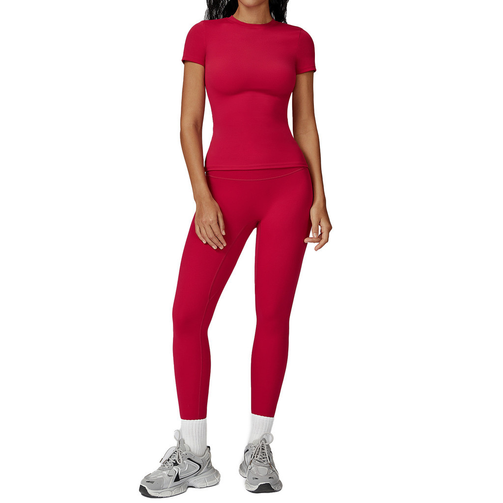 Brushed Yoga Suit Round Neck Slim-fit Yoga Clothes Womens High-Intensity Outdoor Running Sports Fitn