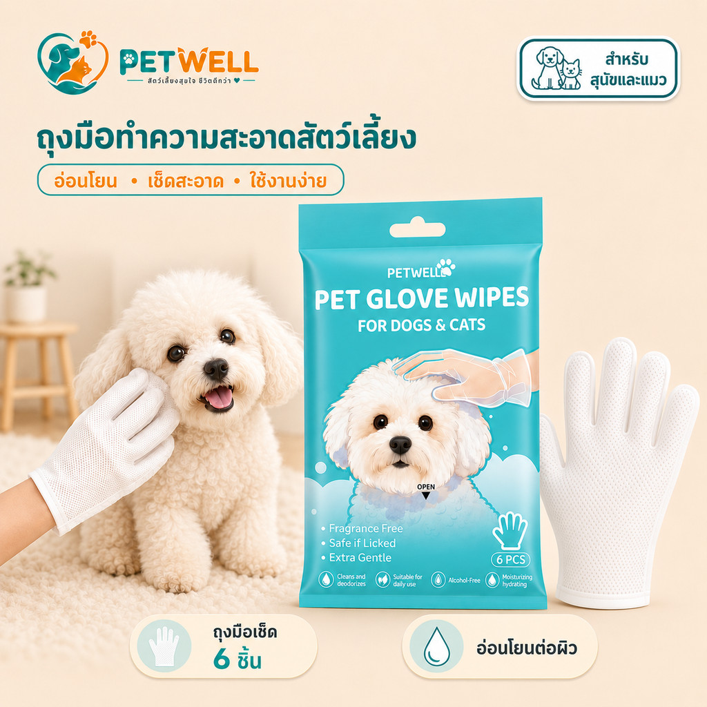 ถุงมืออาบน้ำแมว PETWELL ถุงมือเช็ดทำความสะอาดสัตว์เลี้ยง ใช้ง่าย สูตรอ่อนโยน ลดกลิ่น ทำความสะอาดขน สำหรับแมวและสุนัข