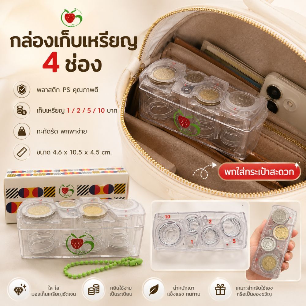 กล่องเก็บเหรียญ 4 ช่อง ทำจากพลาสติกคุณภาพดี ใช้งานง่าย เหมาะสำหรับการจัดเก็บเหรียญบนรถยนต์ G0152