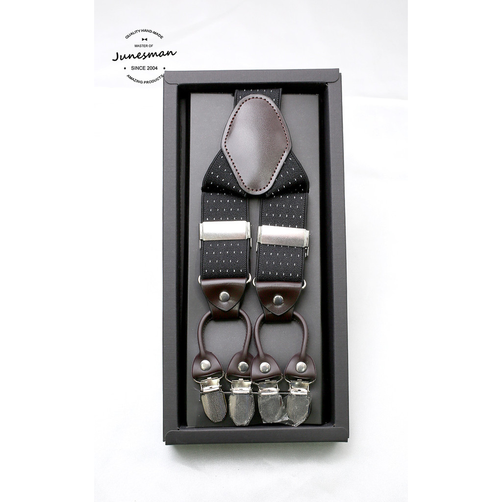 สีดําหมอกควัน!June Man Handmade Business Men Strap Leather Buckle 4-tooth Clip Gift Box