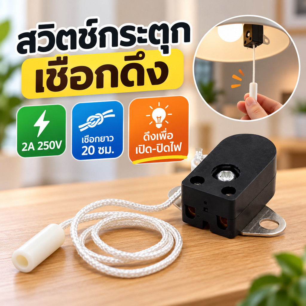สวิตช์กระตุก 2A 250V สวิทซ์เชือกดึง เปิด-ปิดไฟ เชือกยาว 20 ซม. Pull Cord Switch สำหรับโคมไฟ