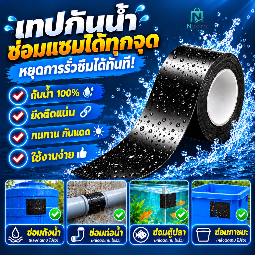 เทปกันน้ำกันรั่วสีดำ ติดแน่น ตัดได้ตามต้องการ ใช้ได้ทั้งในและนอกอาคาร ซ่อมท่อ PVC ถังน้ำ หลังคา โลหะ