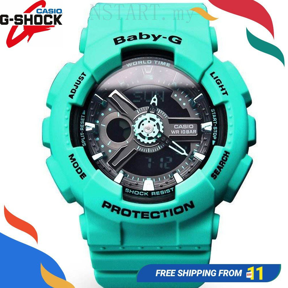QIXIAO G*/*shock GA Baby-G BA111 นาฬิกาข้อมือผู้หญิงกีฬานาฬิกา BA-111-3A สีเขียวแฟชั่นเรซิ่นสายนาฬิก