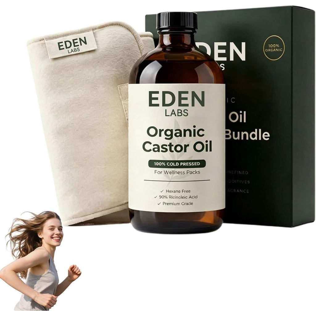 EDEN LABS Organic Castor Oil Kit combed, Castor Oil Wrap พร้อม Organic Castor Oil Pack สําหรับหน้าท้
