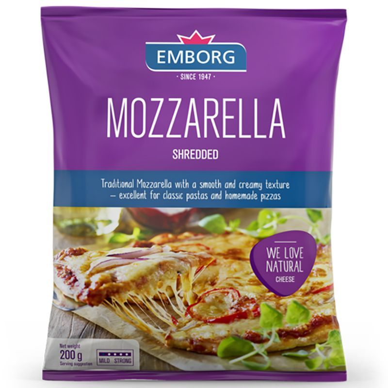 เอ็มบอร์คเดนนิชมอสซาเรลล่าชีสเส้น 200กรัม Emborg Danish Mozzarella Shreded Cheese 200g.