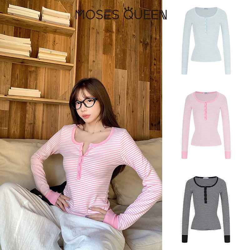 MOSESQUEEN تيشيرت نسائي مقلّم بأكمام طويلة وياقة مفتوحة — صورة 5