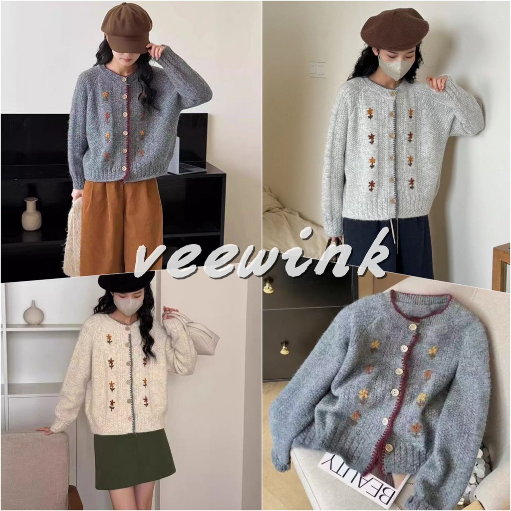 Veewink พร้อมส่งจากกทม ​​เสื้อคาร์ดิแกนสไตล์ญี่ปุ่นนุ่มลื่น แพทเทิร์นดอกไม้ คอกลม ผ้านิต ผ้าถัก ใส่สบาย