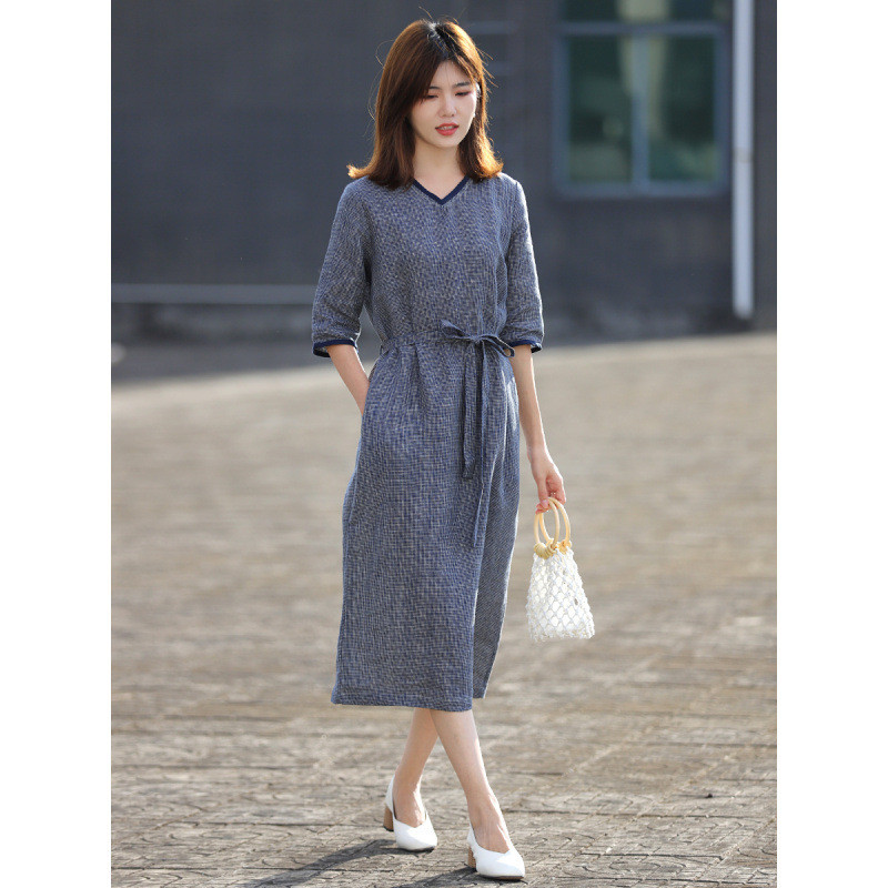 S-2XL/Retro Dress ชุดลําลองรอบคอครึ่งแขน v คอ Laced-Up ชุดลําลอง Simple Commuter ชุด A-Line Dress