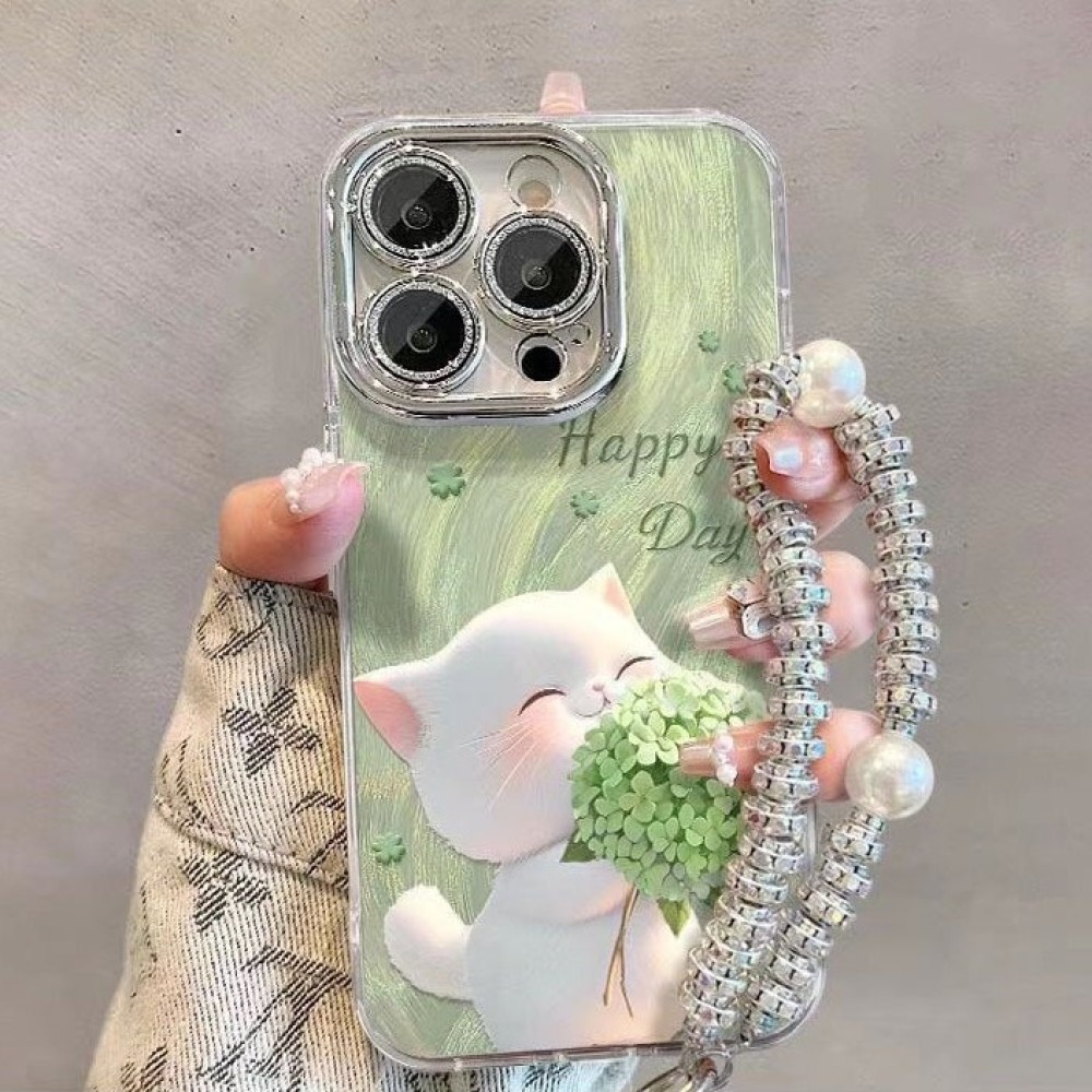 เคสสำหรับ iPhone 16 plus 15 Pro Max 14 ProMax 13Pro น่ารักป้องกันแมวด้วยสายคล้องมือแบบพกพาฝาแข็งแววว