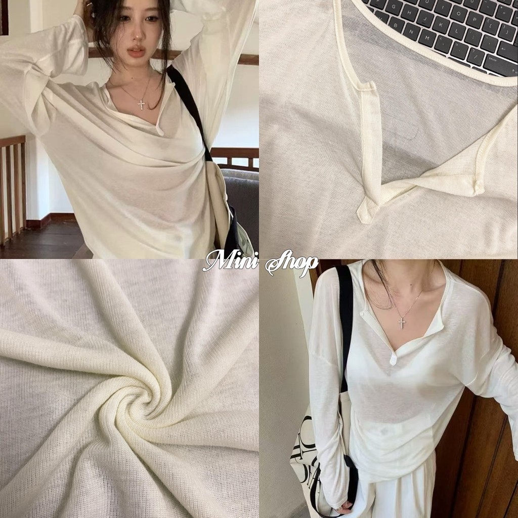 Mini shop🌸พร้อมส่ง🌸(FY2088) เสื้อแขนยาว คอวี ดีเทลซีทรู บางเบา ใส่ง่ายสบาย สไตล์เกาหลี