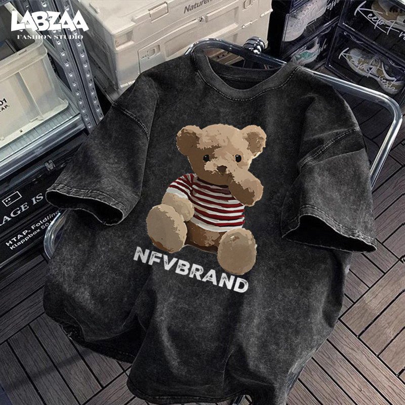 เสื้อยืดแขนสั้นคอกลม✨ลายพิมพ์หมีน้อยน่ารัก วินเทจฟอกน้ำ oversize ระบายอากาศ ใส่สบาย ผ้าฝ้าย YG365