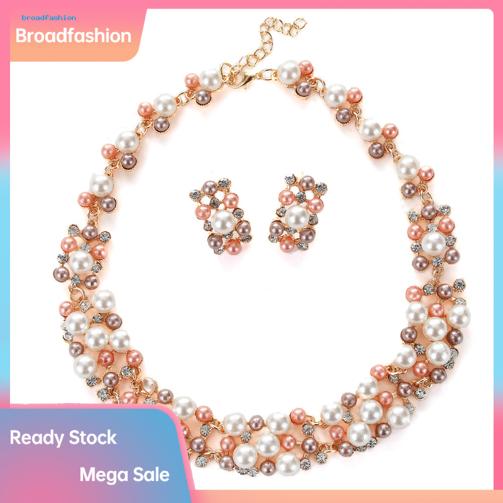 [br] 2 ชิ้นผู้หญิงแฟชั่น Faux Pearl Rhinestone ฝังสร้อยคอต่างหูชุดเครื่องประดับ