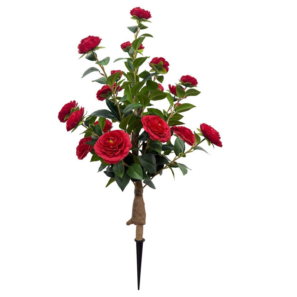 ต้นCamelliaจำลองพร้อมดอกไม้ปลอมสีแดงและโบรเคด สำหรับการตกแต่งภายในแบบสร้างสรรค์ P8K