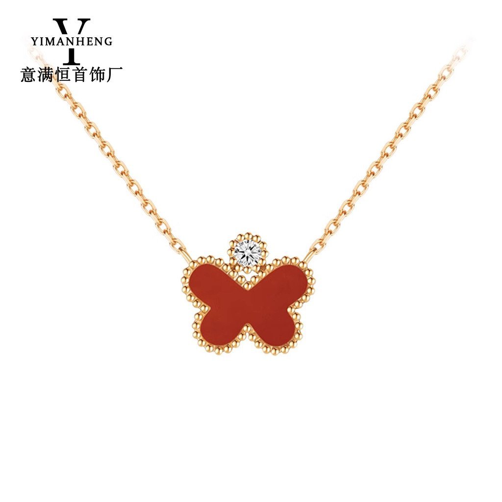 สร้อยคอมรก้านไหล่เงินสเตอร์ลิง s925 ลายใบโคลเวอร์สี่กลีบ สำหรับวันวาเลนไทน์ พร้อมสร้อยคอผีเสื้อฟรี D