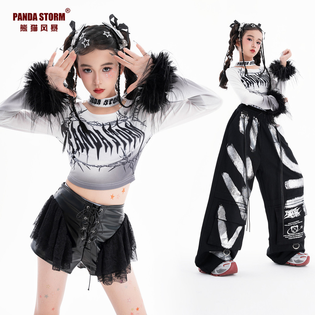 ชุดเต้นเด็กผู้หญิง สไตล์แจ๊สและสตรีทแดนซ์ เสื้อยืดแขนยาวและกางเกงสูท