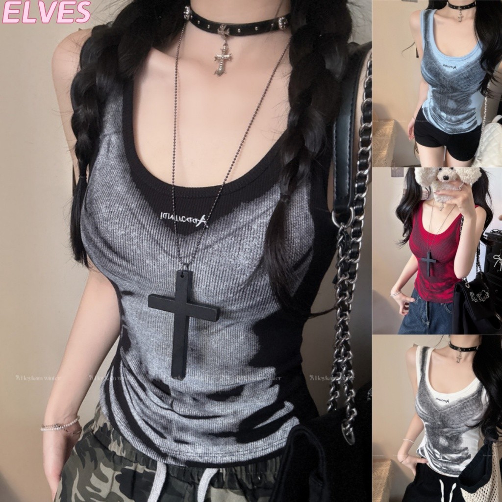 Elves พร้อม💟เสื้อกล้าม ดีเทลลายเก๋ เสริมฟองน้ำ สีชัดสด ทรงรัดรูป เสื้อแฟชั่น(FY6996)