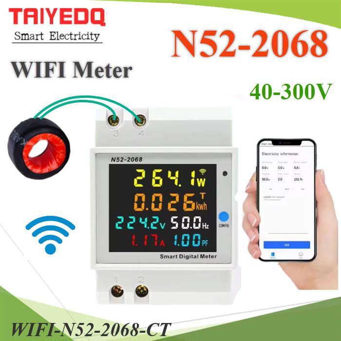 WIFI สมาร์ทมิเตอร์ N52-2068 วัดพลังงานไฟฟ้า AC 40-300V 0-100A แบบเกาะราง สามารถดูผ่านมือถือ CT ภายนอก
